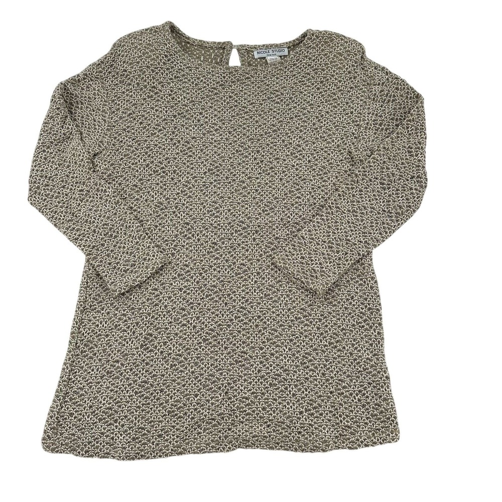 Nicole Studio New York Knit Sweater Tan White Textured Keyhole Women Size 12